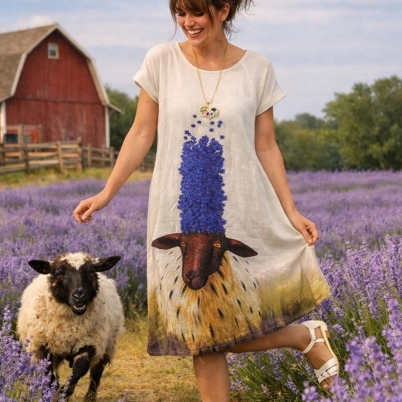 NWT DRESS IN ART Linen Women Sheep Lavender Dress Necklace Boho Eclectic Farm - Picture 1 of 12